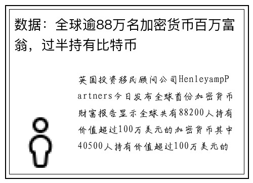 数据：全球逾88万名加密货币百万富翁，过半持有比特币