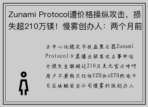 Zunami Protocol遭价格操纵攻击，损失超210万镁！慢雾创办人：两个月前警告过#823